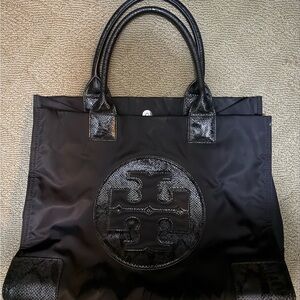 Tory Burch Black Structured Ella Tote with Iconic Logo